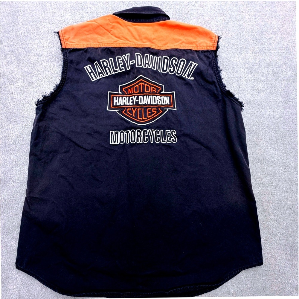 Harley Davidson Sleeveless Button Down Shirt Mens Lg Blk/Orange Embroidered Logo